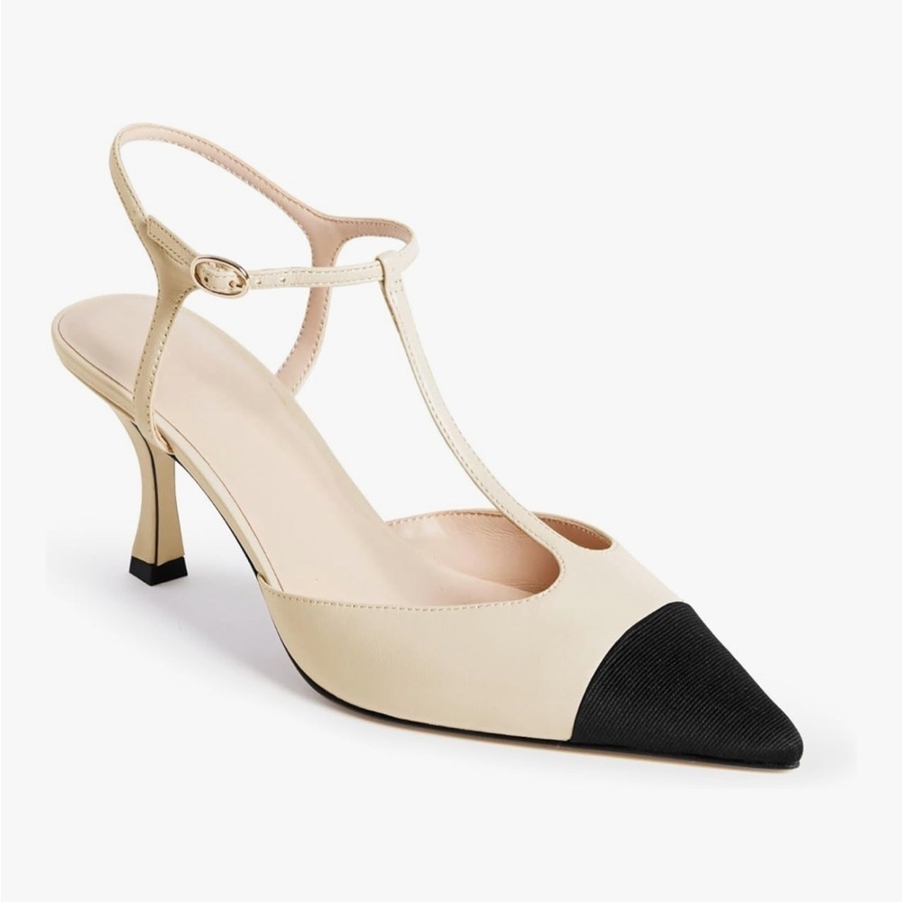 ZBY Elegant T Strap Heels Cream and Black Women's